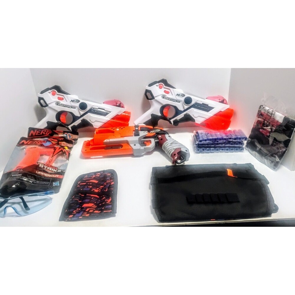 NERF ACTION LOT W SEVERAL BLASTERS EXTRA DARTS EYE PROTECTION AND TACTICAL VEST